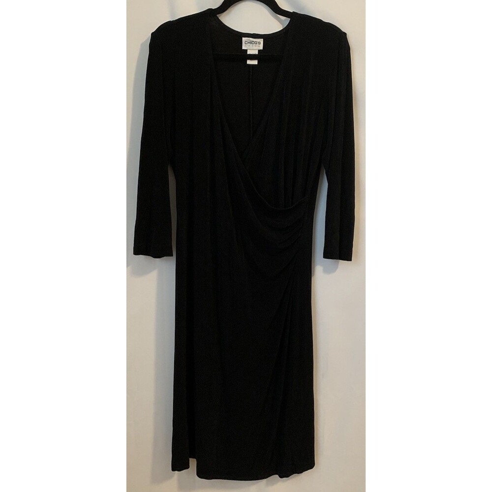 Chicos Travelers Size 2 Womens Large Faux Wrap Dress Black 3/4 Sleeve Slinky